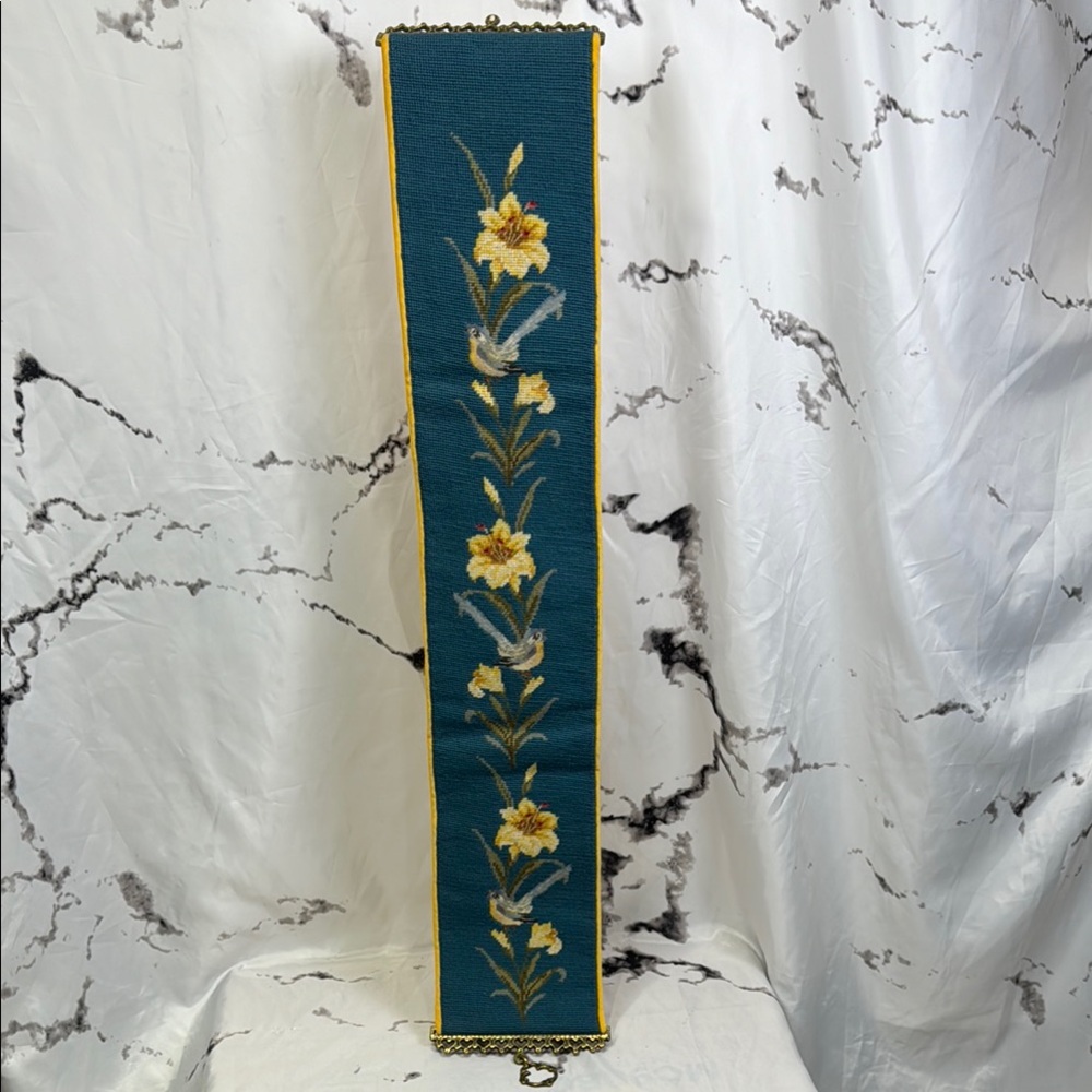 Vintage Petit Point Bell Pull Needle Point Velvet Backed Birds & Flowers Design